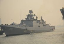 Indian warship in Lagos on a flag showing visit